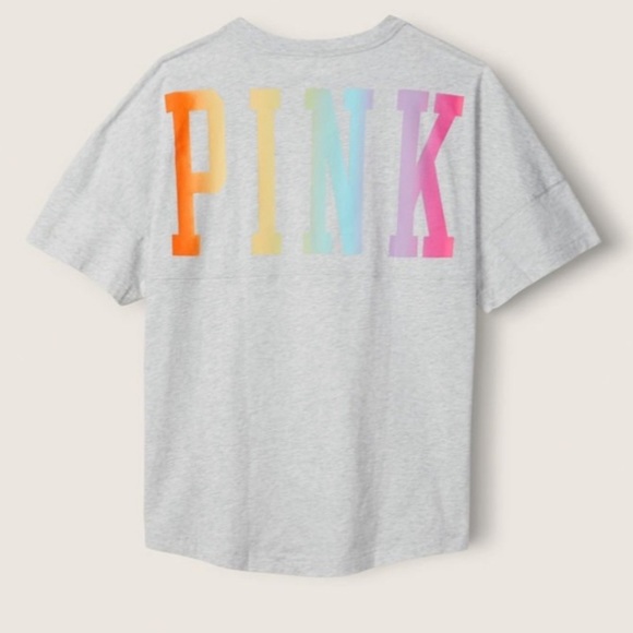 💗VS PINK NEON GREY RAINBOW OMBRE VARSITY SHORT SLEEVE CREW TEE - Picture 4 of 9